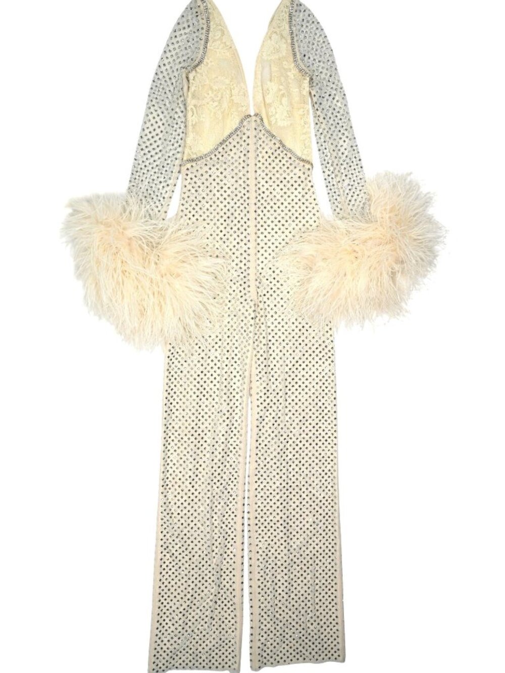 Custom Crystal and Ostrich Feather Jumpsuit Created for Suki Waterhouse